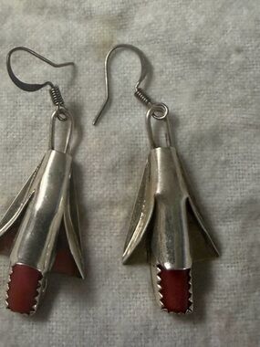 Navajo Squash Blossoms Red Coral 1.75 in Hook signed by LY Sterling